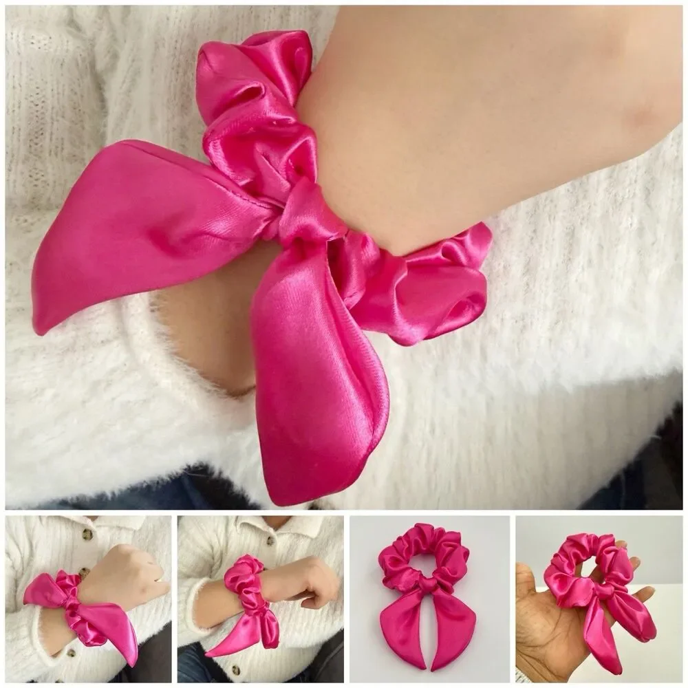 Luxury Hot Pink Satin Bow Scrunchie Handmade – Statement Hair Accessory - Picture 8 of 16